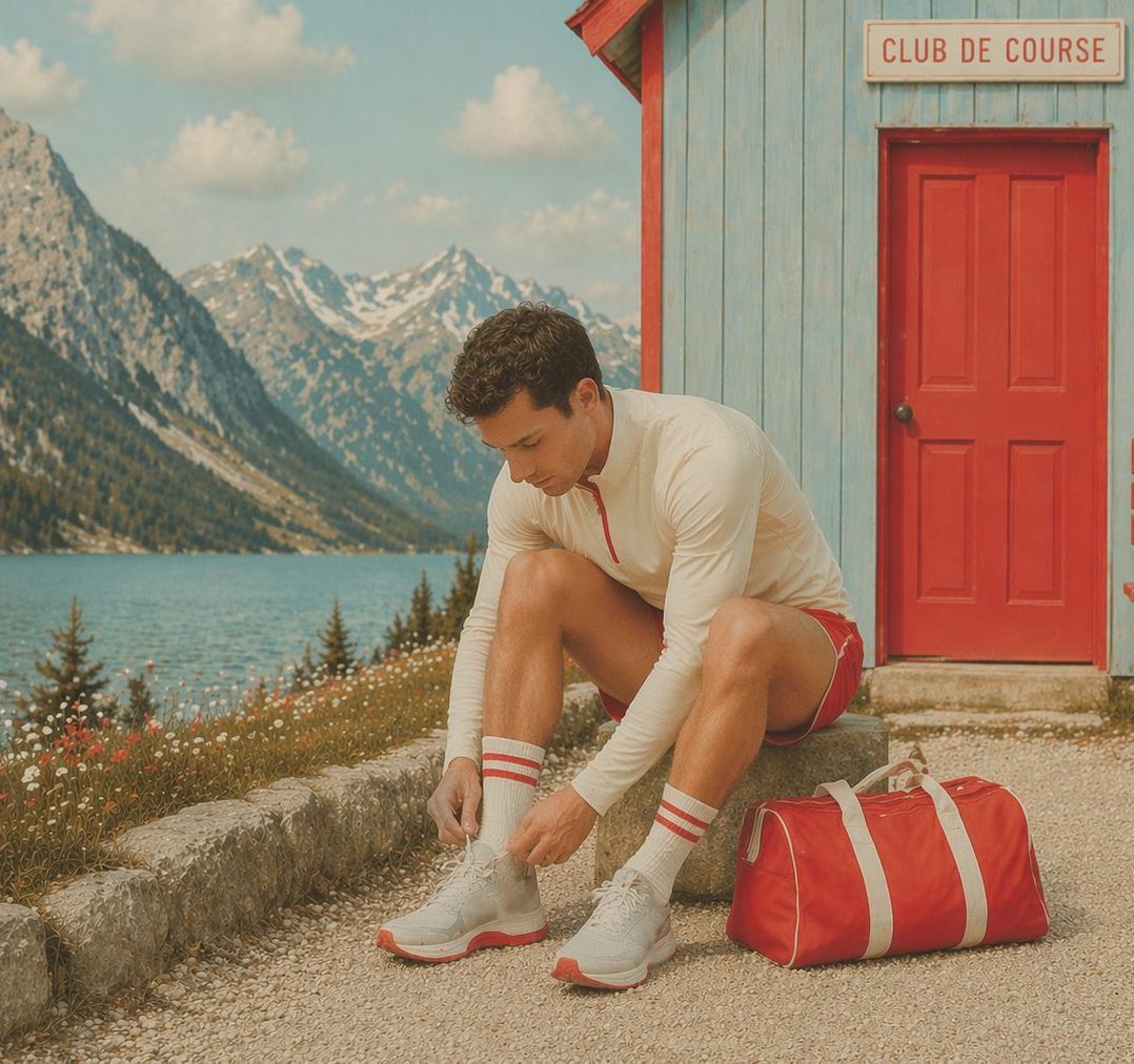 Athlete lacing up outside an alpine club hut
