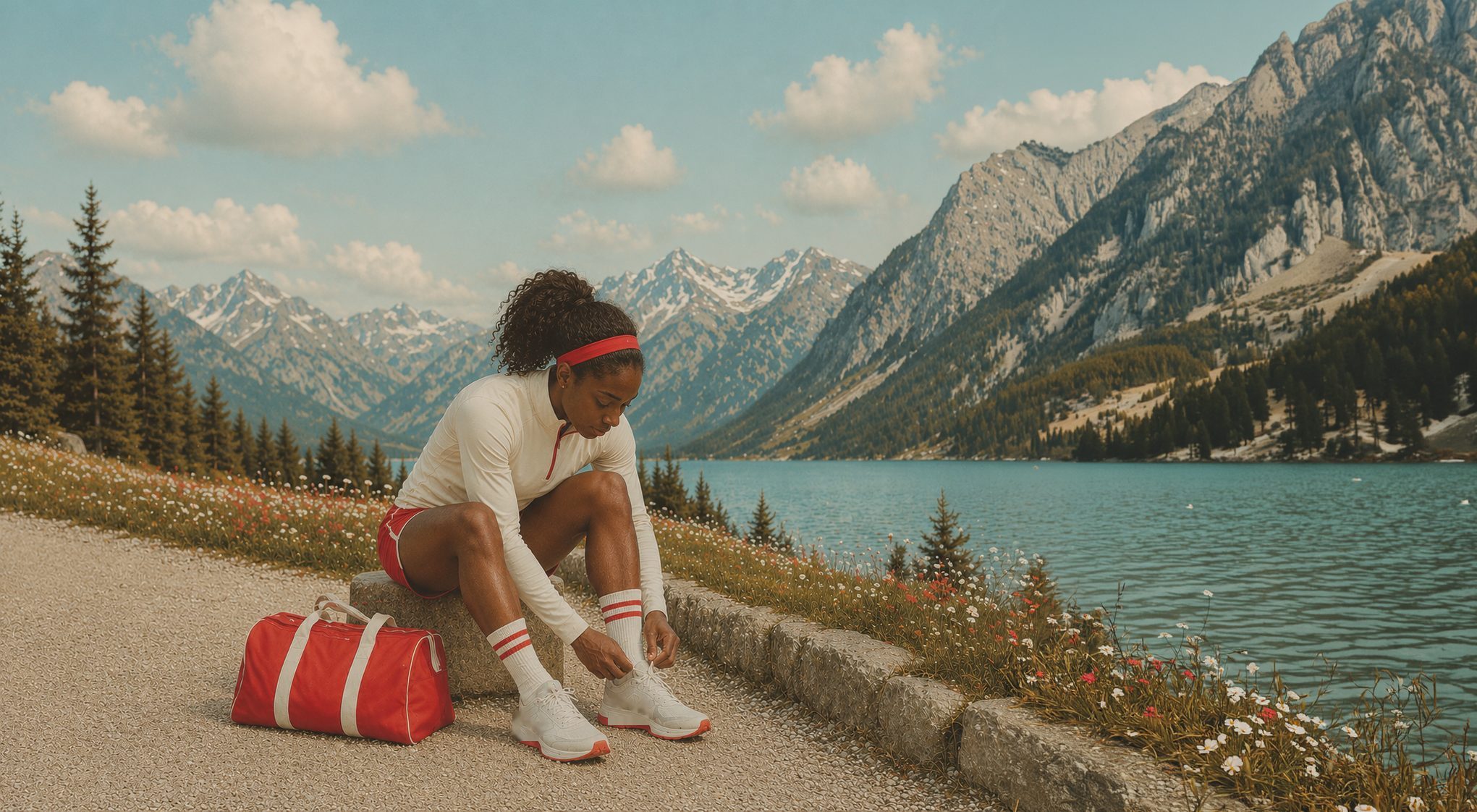 Athlete lacing up by an alpine lake