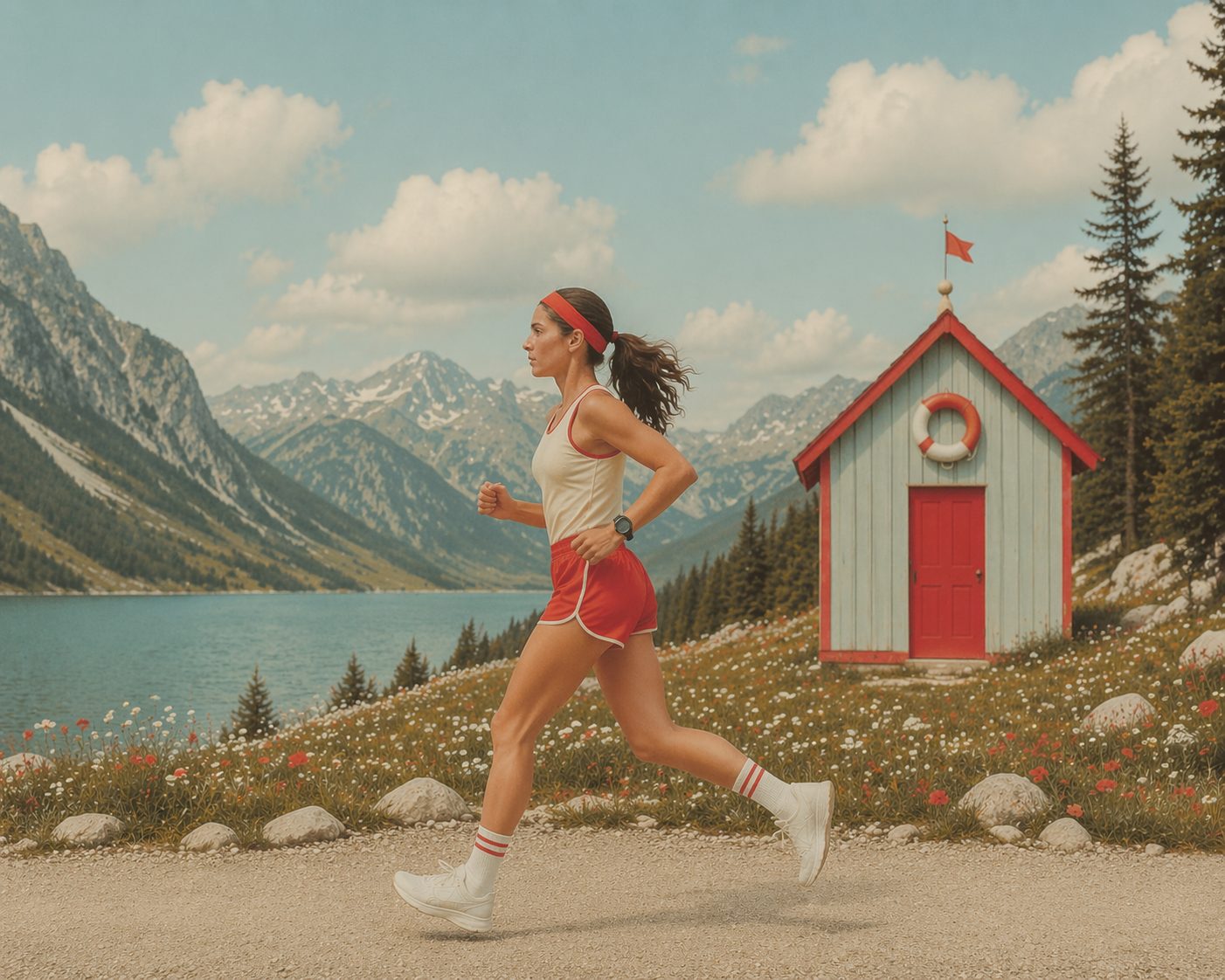 Runner on an alpine lakeside trail